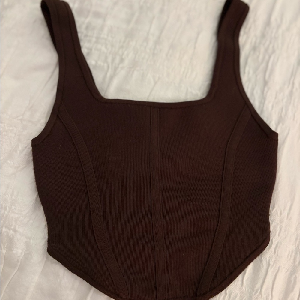 Babaton Dark Brown Body Con Knit Crop Top